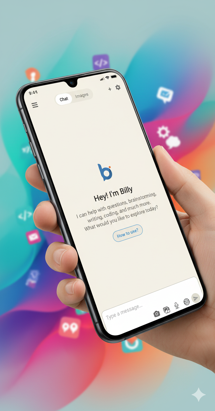Billy AI Android app showing AI chat interface with image generation and voice organizer features
